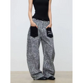 FEWQ American Vintage Leopard Print Denim Jeans Patch Pocket Curved Wide Leg Loose Streetwear Casual Fashion Straight Trousers
