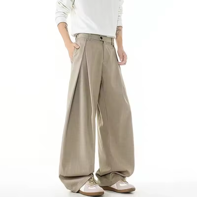 FEWQ Korean Style Men's Suit Pants Pleated Design Solid Color Silhouette Fashion Menswear Straight Leg Loose Male Bottom