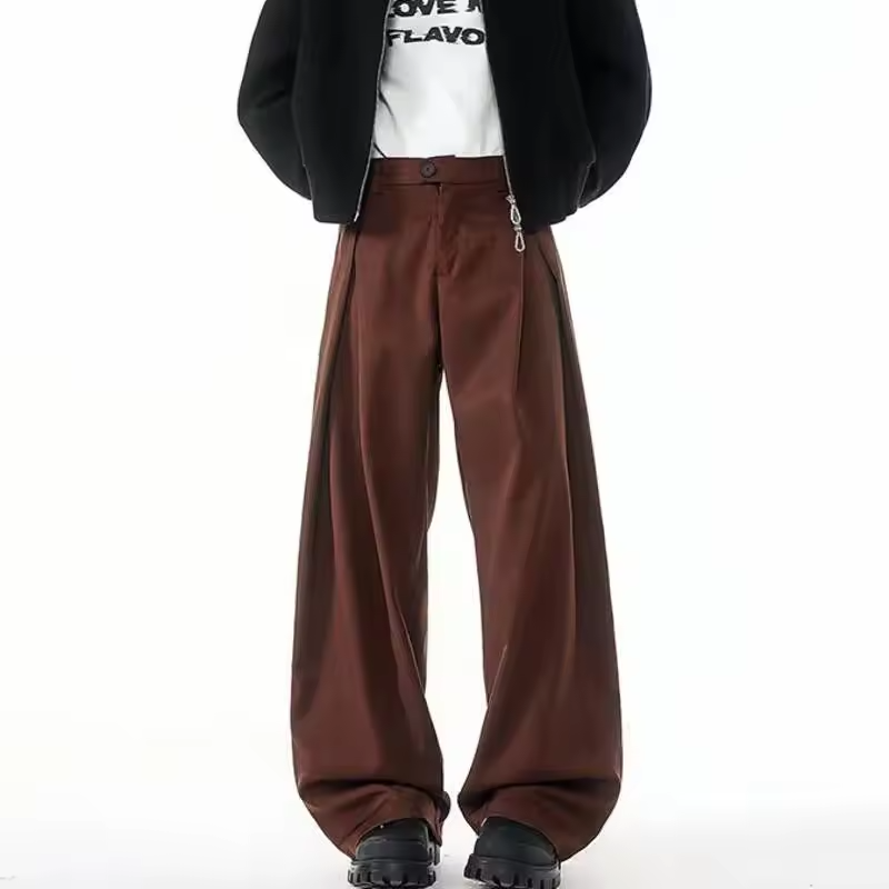 FEWQ Korean Style Men's Suit Pants Pleated Design Solid Color Silhouette Fashion Menswear Straight Leg Loose Male Bottom