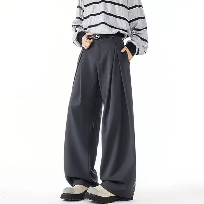 FEWQ Korean Style Men's Suit Pants Pleated Design Solid Color Silhouette Fashion Menswear Straight Leg Loose Male Bottom