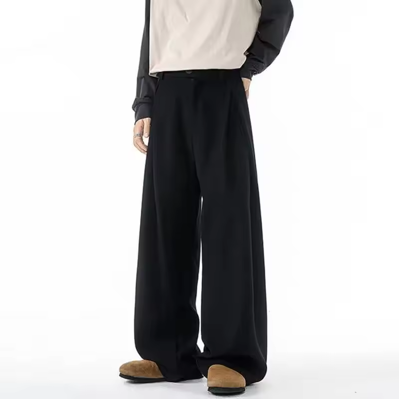 FEWQ Korean Style Men's Suit Pants Pleated Design Solid Color Silhouette Fashion Menswear Straight Leg Loose Male Bottom