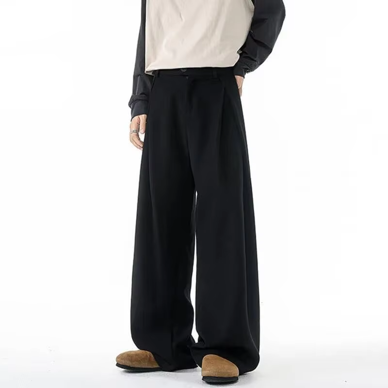 FEWQ Korean Style Men's Suit Pants Pleated Design Solid Color Silhouette Fashion Menswear Straight Leg Loose Male Bottom
