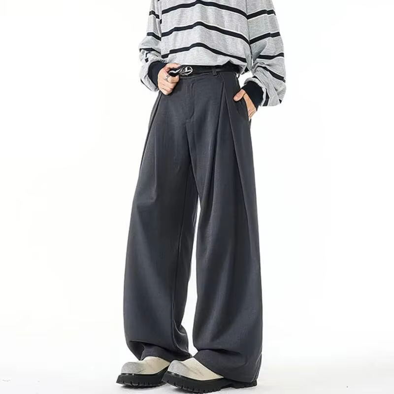 FEWQ Korean Style Men's Suit Pants Pleated Design Solid Color Silhouette Fashion Menswear Straight Leg Loose Male Bottom
