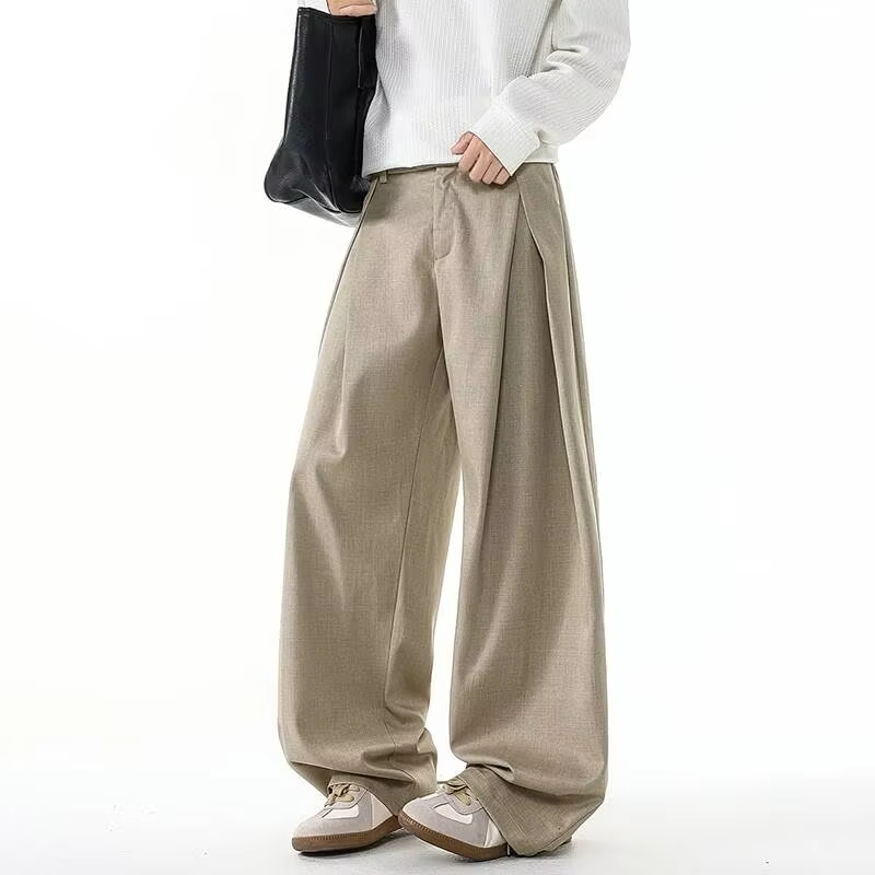 FEWQ Korean Style Men's Suit Pants Pleated Design Solid Color Silhouette Fashion Menswear Straight Leg Loose Male Bottom
