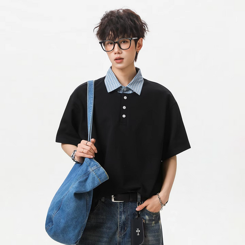 College-style Two-Piece Polo Set for Men: Summer Checked Patchwork Casual Short-Sleeved T-Shirt
